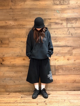 「XLARGE（エクストララージ）のOLD ENGLISH WAFFLE SHORT PANTS（その他パンツ、ブラック系）」を使った、sa$さん（レディース・152cm）の秋コーディネート