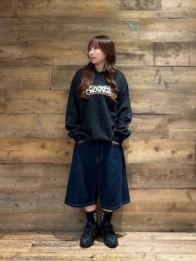 「XLARGE（エクストララージ）のSTITCHED LOGO DENIM SHORTS（デニムパンツ、ブルー系）」を使った、sa$さん（レディース・152cm）の秋コーディネート
