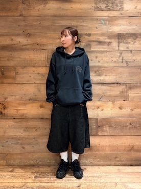 「XLARGE（エクストララージ）のHW PULLOVER HOODED SWEATSHIRT（パーカー、ブラック系）」を使った、sa$さん（レディース・152cm）の秋コーディネート