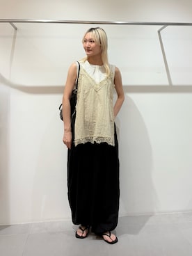 「KBF（ケイビーエフ）のワッフルヘンリーネックタンクトップ（タンクトップ、ベージュ系）」を使った、やまちゃんさん（レディース・165cm）の夏コーディネート