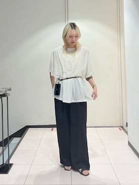 「KBF（ケイビーエフ）のランダムタックボーダーTEE（Tシャツ/カットソー、ホワイト系）」を使った、やまちゃんさん（レディース・165cm）の夏コーディネート
