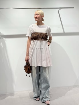 「KBF（ケイビーエフ）のボリュームヘムカットミニワンピース（ワンピース、ピンク系）」を使った、やまちゃんさん（レディース・165cm）の夏コーディネート
