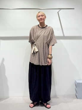 「KBF（ケイビーエフ）のランダムタックボーダーTEE（Tシャツ/カットソー、ブラック系）」を使った、やまちゃんさん（レディース・165cm）の夏コーディネート