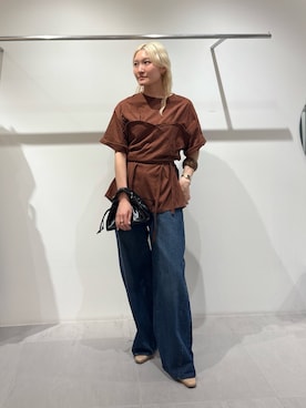「KBF（ケイビーエフ）のビスチェデザインBIGボーダーTEE（Tシャツ/カットソー、ブラウン系）」を使った、やまちゃんさん（レディース・165cm）の夏コーディネート