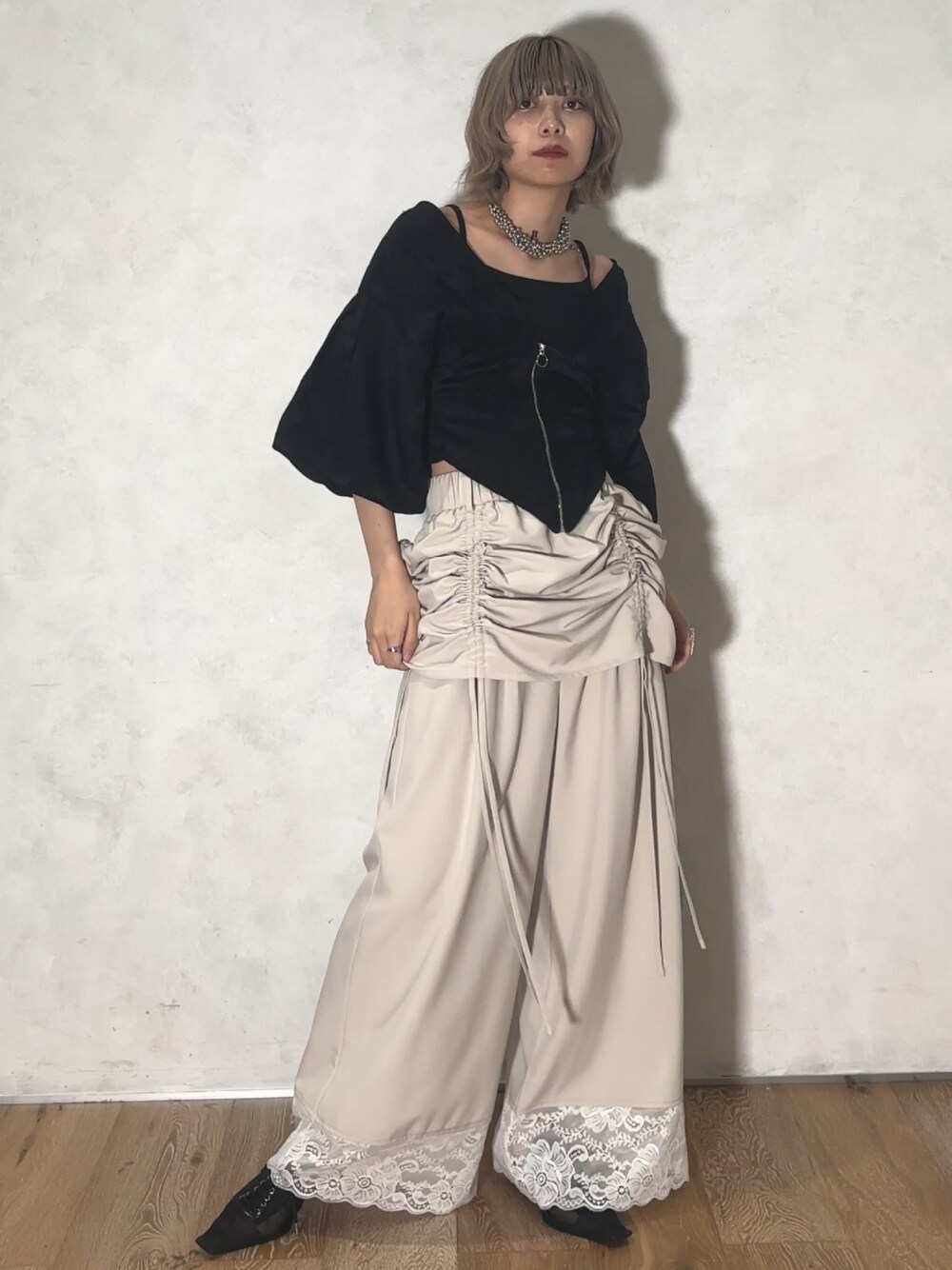 Ezick（エジック）の「drawstring skirt set レースドッキングパンツ
