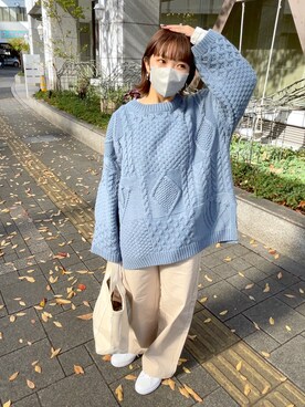 「ケーブルニット」｜「アイテム（チノパンツ）」を使った、かえでさん（レディース・156cm）の秋コーディネート