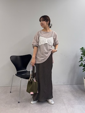 「CIAOPANIC TYPY（チャオパニックティピー）のシアーボーダーロンTee（Tシャツ/カットソー、ピンク系）」を使った、かえでさん（レディース・156cm）の春コーディネート