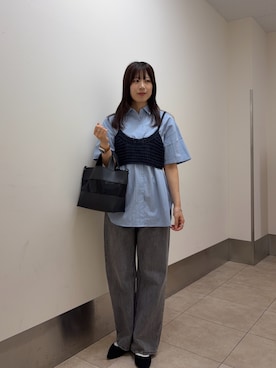 「KBF(ケイビーエフ)のニットビスチェSETシャツ(シャツ/ブラウス、ブルー系)」を使った、aikaさん(レディース・163cm)の夏コーディネート
