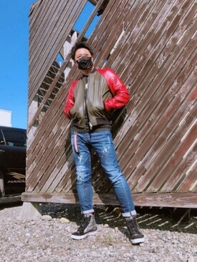 「DSQUARED2（ディースクエアード）のアイテム（ライダースジャケット）」を使った、yohさん（メンズ・184cm）の秋コーディネート