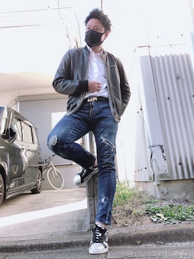 「DSQUARED2（ディースクエアード）のアイテム（ライダースジャケット）」を使った、yohさん（メンズ・184cm）の冬コーディネート