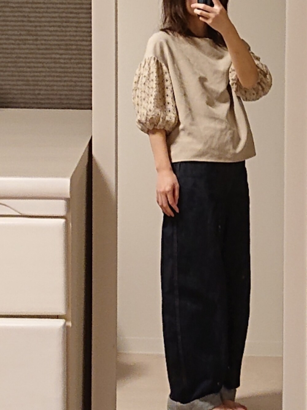 「ROPE' PICNICのアイテム（Tシャツ/カットソー、ベージュ系）」を使った、miku～未来～さん（レディース・160cm）の秋コーディネートの1枚目の写真