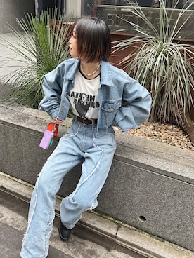 「バンドT」｜「アイテム（デニムジャケット）」を使った、HINAKOさん（レディース・155cm）の春コーディネート