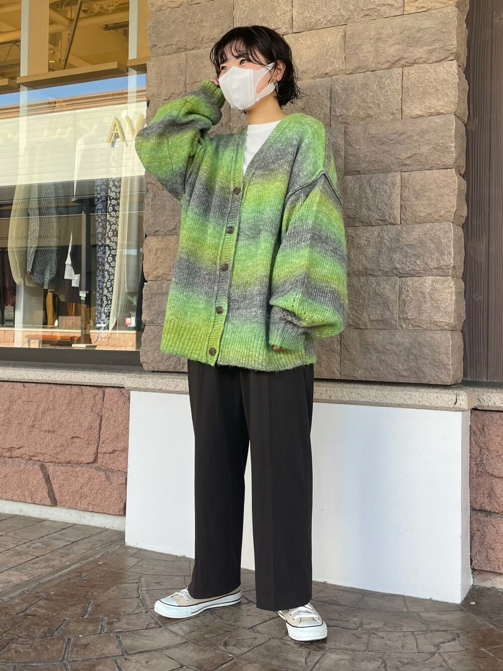 「秋のコーデ、WEARハロウィン2022、今日のコーデ、秋服、大人コーデ、お洒落さんとつながりたい、プチプラ、ゆったりコーデ、低身長女子、オトナ女子」｜「CPCMの段染めグラデーションニットカーディガン（カーディガン/ボレロ、グリーン系）」を使った、Nanasaさん（レディース・155cm）の秋コーディネートの1枚目の写真