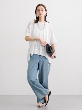 「nissen（ニッセン）のタックデザインシアースラブ半袖トップス［Soiunique］（Tシャツ/カットソー、ホワイト系）」を使った、nissen Ladies Modelsさん（レディース・169cm）の夏コーディネート