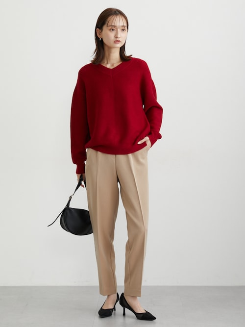 ニット 赤 セール】もちもち素材 ガーター編みVネックニット（ニット/セーター