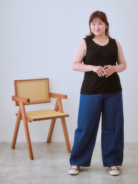 「SMILE LAND（スマイルランド）の＜大きいサイズ＞バレルレッグデニムパンツ（ゆったりヒップ）（デニムパンツ）」を使った、nissen Ladies Modelsさん（レディース・160cm）の夏コーディネート