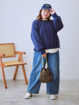 「SMILE LAND（スマイルランド）の＜大きいサイズ＞バレルレッグデニムパンツ（ゆったりヒップ）（デニムパンツ）」を使った、nissen Ladies Modelsさん（レディース・160cm）の秋コーディネート