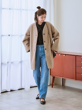 「レギュラー」｜「アイテム（ノーカラーコート）」を使った、nissen Ladies Modelsさん（レディース・166cm）の秋コーディネート