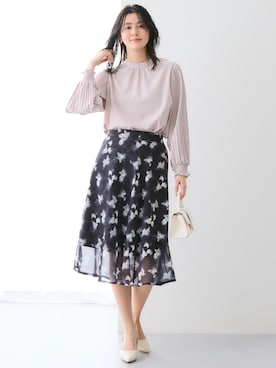「nissen（ニッセン）の袖プリーツスタンドカラーブラウス（シャツ/ブラウス、ピンク系）」を使った、nissen Ladies Modelsさん（レディース・155cm）の春コーディネート