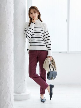 「アイテム（デニムパンツ、レッド系）」を使った、nissen Ladies Modelsさん（レディース・165cm）の秋コーディネート