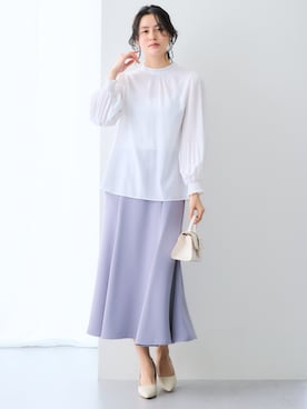 「nissen（ニッセン）の袖プリーツスタンドカラーブラウス（シャツ/ブラウス、ホワイト系）」を使った、nissen Ladies Modelsさん（レディース・155cm）の春コーディネート