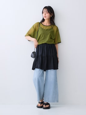 「nissen（ニッセン）の5分袖シアーボーダーゆるシルエットプルオーバー＜大きいサイズ有＞（Tシャツ/カットソー、グリーン系）」を使った、nissen Ladies Modelsさん（レディース・169cm）の夏コーディネート