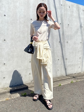 「nissen（ニッセン）の２点セット（ヘンリーネックリブトップス＋ツイル腰巻きパンツ）（Tシャツ/カットソー、ホワイト系）」を使った、nissen Ladies Modelsさん（レディース・169cm）の夏コーディネート