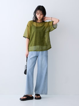 「nissen（ニッセン）の5分袖シアーボーダーゆるシルエットプルオーバー＜大きいサイズ有＞（Tシャツ/カットソー、グリーン系）」を使った、nissen Ladies Modelsさん（レディース・169cm）の夏コーディネート