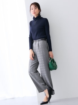 「nissen（ニッセン）のオフタートルネックリブニット(乾燥機OK・ウォッシャブル・静電気防止・毛玉になりにくい・UVカット)<大きいサイズ有>（ニット/セーター、ブルー系）」を使った、nissen Ladies Modelsさん（レディース・167cm）の春コーディネート