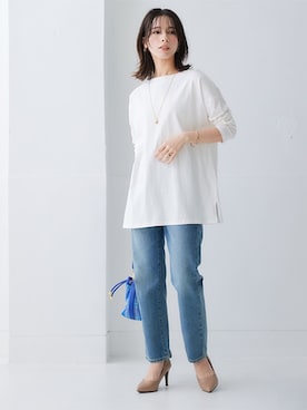 「nissen（ニッセン）のハイウエストストレートデニムパンツ　ノンストレッチジーンズ（デニムパンツ）」を使った、nissen Ladies Modelsさん（レディース・160cm）の夏コーディネート