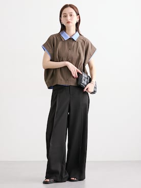 「nissen（ニッセン）のリネンライク重ね着風コクーンシャツ［Soiunique］（シャツ/ブラウス、ブラウン系）」を使った、nissen Ladies Modelsさん（レディース・169cm）の夏コーディネート