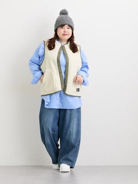 「SMILE LAND（スマイルランド）の＜大きいサイズ＞バレルレッグデニムパンツ（ゆったりヒップ）（デニムパンツ）」を使った、nissen Ladies Modelsさん（レディース・155cm）の秋コーディネート