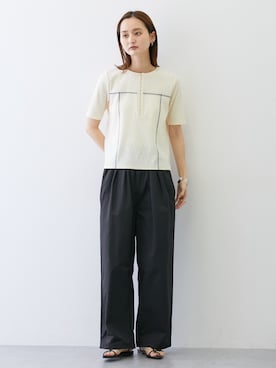 「nissen（ニッセン）の２点セット（ヘンリーネックリブトップス＋ツイル腰巻きパンツ）（Tシャツ/カットソー、ホワイト系）」を使った、nissen Ladies Modelsさん（レディース・169cm）の夏コーディネート