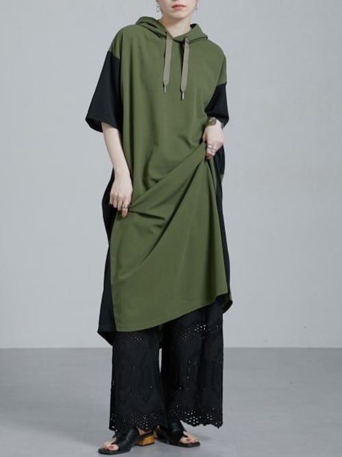 Soiunique ワンピース 配色切替ゆったりサイズフード付き