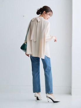 「nissen（ニッセン）のハイウエストストレートデニムパンツ　ノンストレッチジーンズ（デニムパンツ）」を使った、nissen Ladies Modelsさん（レディース・164cm）の夏コーディネート