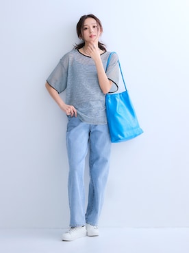 「nissen（ニッセン）のゆるフィットワイドパンツ(選べる2レングス)（デニムパンツ、ブルー系）」を使った、nissen Ladies Modelsさん（レディース・169cm）の夏コーディネート
