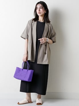 「nissen（ニッセン）のしわになりにくいオーバーサイズ５分袖シャツジャケット（ストレッチ・接触冷感・UVカット）＜大きいサイズ有＞（テーラードジャケット）」を使った、nissen Ladies Modelsさん（レディース・160cm）の春コーディネート