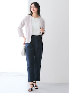 「nissen（ニッセン）のハリ感素材ストレッチテーパードパンツ（パンツ、ブルー系）」を使った、nissen Ladies Modelsさん（レディース・155cm）の春コーディネート
