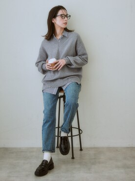 「nissen（ニッセン）のハイウエストストレートデニムパンツ　ノンストレッチジーンズ（デニムパンツ）」を使った、nissen Ladies Modelsさん（レディース・160cm）の秋コーディネート