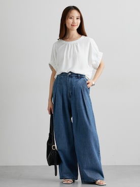 「nissen（ニッセン）のデニムタックバギーパンツ（デニムパンツ）」を使った、nissen Ladies Modelsさん（レディース・160cm）の夏コーディネート