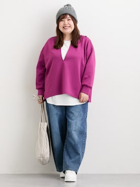 「SMILE LAND（スマイルランド）の＜大きいサイズ＞バレルレッグデニムパンツ（ゆったりヒップ）（デニムパンツ）」を使った、nissen Ladies Modelsさん（レディース・155cm）の秋コーディネート