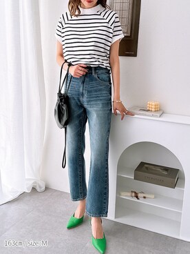 「nissen（ニッセン）のハイウエストストレートデニムパンツ　ノンストレッチジーンズ（デニムパンツ）」を使った、nissen Ladies Modelsさん（レディース・163cm）の春コーディネート