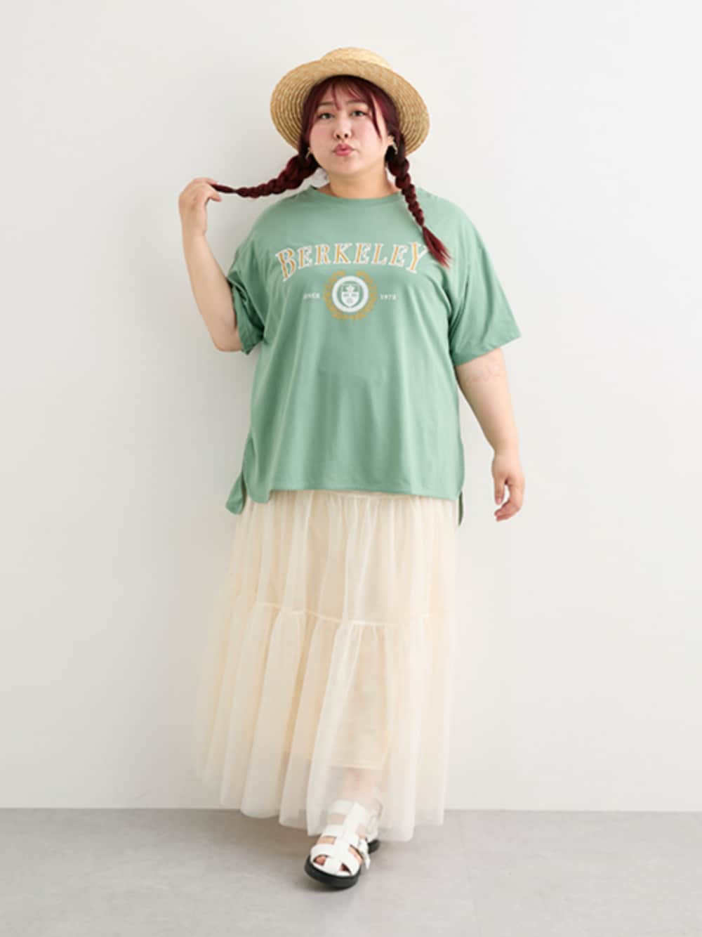 「大きいサイズレディースファッション、モデル、ぽっちゃり、夏コーデ、pattok、150cm台コーデ、25夏イベントコーデ_ぽっちゃり」｜「nissenの＜大きいサイズ＞ ティアードチュールスカート（スカート、ベージュ系）」を使った、nissen Ladies Modelsさん（レディース・155cm）の夏コーディネートの1枚目の写真