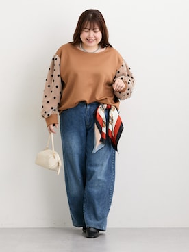 「SMILE LAND（スマイルランド）の＜大きいサイズ＞バレルレッグデニムパンツ（ゆったりヒップ）（デニムパンツ）」を使った、nissen Ladies Modelsさん（レディース・155cm）の秋コーディネート