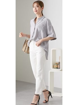 「nissen（ニッセン）のとろみ素材　胸ポケットオープンカラ―シャツ（シャツ/ブラウス）」を使った、nissen Ladies Modelsさん（レディース・165cm）の春コーディネート