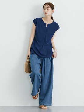 「nissen（ニッセン）のデニムタックバギーパンツ（デニムパンツ）」を使った、nissen Ladies Modelsさん（レディース・169cm）の夏コーディネート