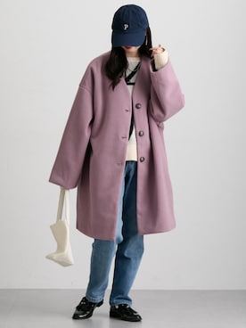 「アイテム（ノーカラーコート、ピンク系）」を使った、nissen Ladies Modelsさん（レディース・153cm）の冬コーディネート