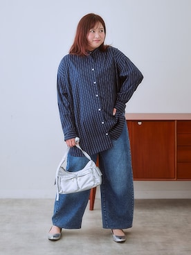 「SMILE LAND（スマイルランド）の＜大きいサイズ＞バレルレッグデニムパンツ（ゆったりヒップ）（デニムパンツ）」を使った、nissen Ladies Modelsさん（レディース・160cm）の夏コーディネート