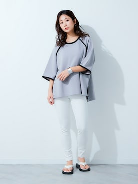 配色パイピングポコポコ素材ラグランスリーブトップス＜大きい