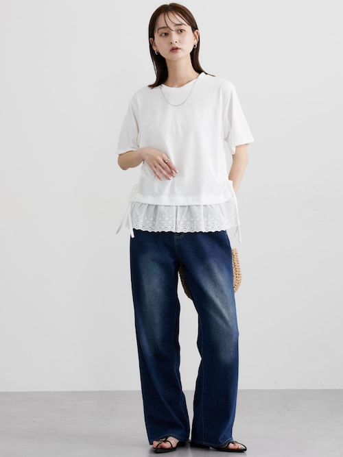 cccmalie レースカットソー　ネイビー　2枚セット 2color ／ 2WAY 】クロスネックレースリボンスクエア